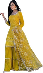 Beautiful Chinnon Punjabi Style Sharara Suit For Women Ready To Wear Salwar Kameez With Dupatta