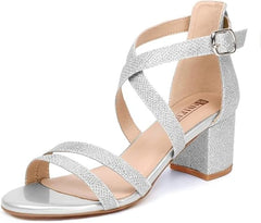 IDIFU Women's Block Low Chunky Heel Strappy Sandals Open Toe Ankle Strap Dress Wedding Evening Shoe for Women Bridal
