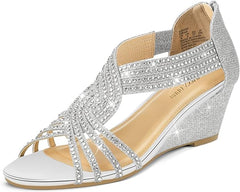PIZZ ANNU Women's Diana Low Wedge Sandals Sparkly Rhinestone Open Toe Fashion Dress Shoes for Woman Lady in Bridal Dance Evening