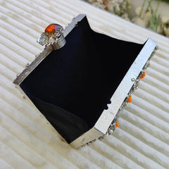 Filigree Pearl Minaudière Clutch | Silver Metallic Box Bag