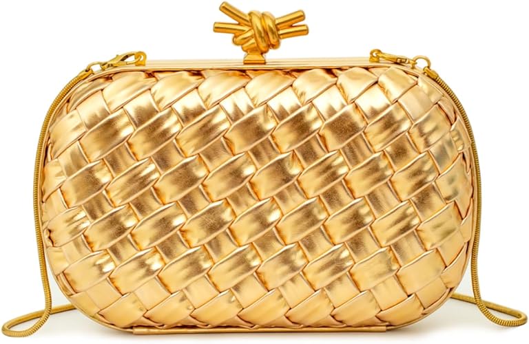 Handwoven Clutch Evening Bag for Women – Structured PU Leather Purse with Chain Strap for Wedding, Party & Date Night