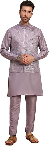Pro-Ethic Style Developer Mens Heavy Cotton Silk Sequence Kurta Trouser Set With Waistcoat (Nehru Jacket) (C-118)