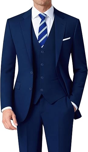 Mens Stretch Suit Slim Fit 3-Piece, 2 Buttons Jacket Vest Adjustable Waist Pants