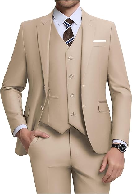 Men's 3 Piece Slim Fit Suit Set, Two Button Blazer Solid Jacket Vest Pants Wedding Business Suit