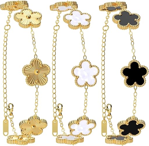 AICase 18K Gold Plated Clover Bracelet Dupes Gold/White/Black Bracelet Set for Women Flower Leaf Lucky Clover Bracelets Trendy Jewelry Birthday Gifts for Women/MoM/Friends