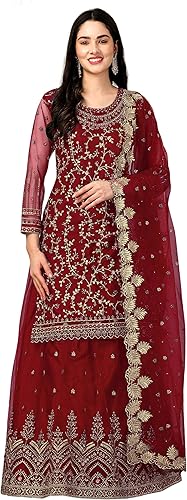 TRENDMALLS Women's Mono Net Kurta Lehenga Suit Set Indian Pakistani Ethnic Wear