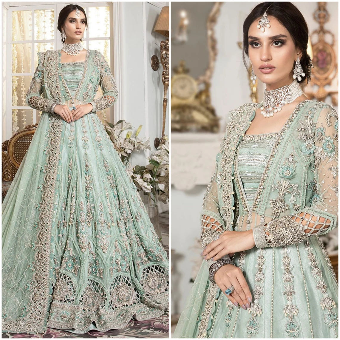 Custom Pakistani Bridal Gown, Embroidered Net Maxi Dress