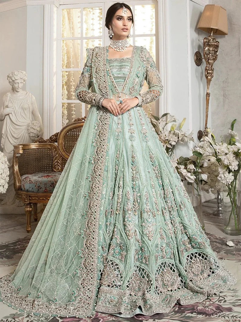 Custom Pakistani Bridal Gown, Embroidered Net Maxi Dress