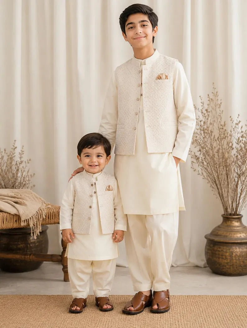 Boys Pakistani Kurta Pajama with Embroidered and Sequence Waistcoat