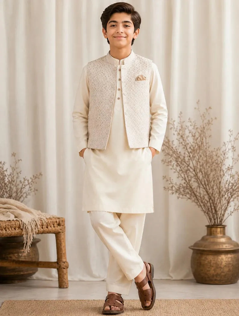Boys Pakistani Kurta Pajama with Embroidered and Sequence Waistcoat